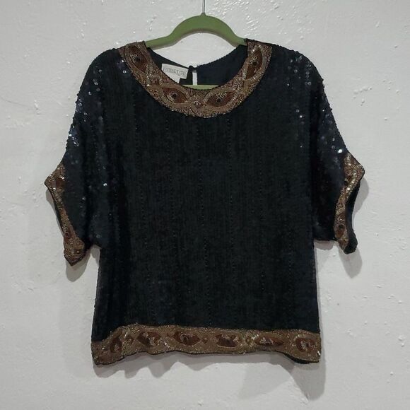 Vintage Sequin & Embroidered Silk Top with Dolman Sleeves by Justine Todd Size M - Picture 6 of 13